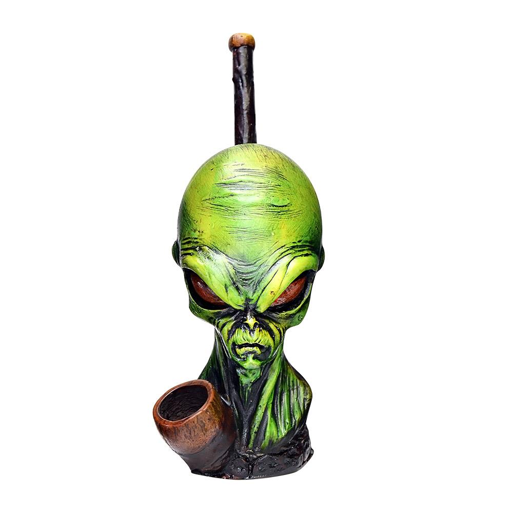Alien Head Wood Pipe | 6in Tall - Wood Bowl - Green - 1