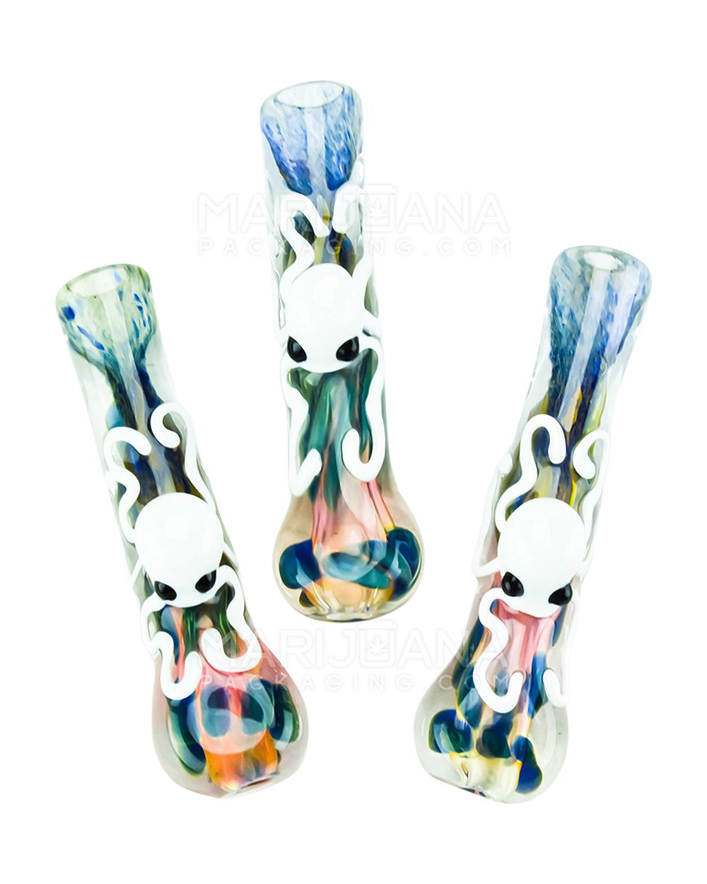 Frit & Multi Fumed Chillum Hand Pipe w/ Glass Squid & Speckles | 3.5in Long - Glass - Assorted - 1