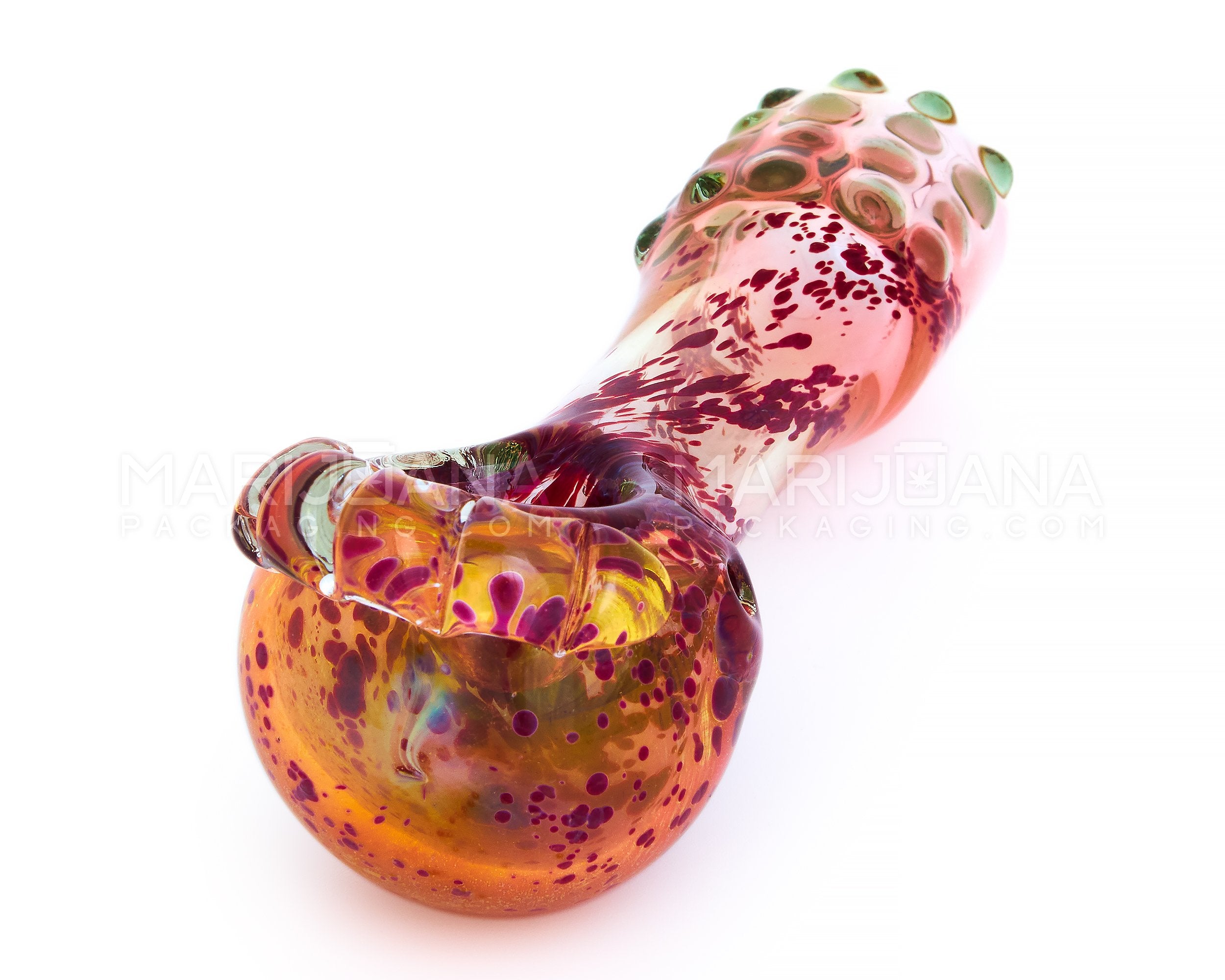 Double Blown | Frit & Pink Fumed Crowned Spoon Hand Pipe w/ Multi Knockers | 5in Long - Glass - Assorted - 3