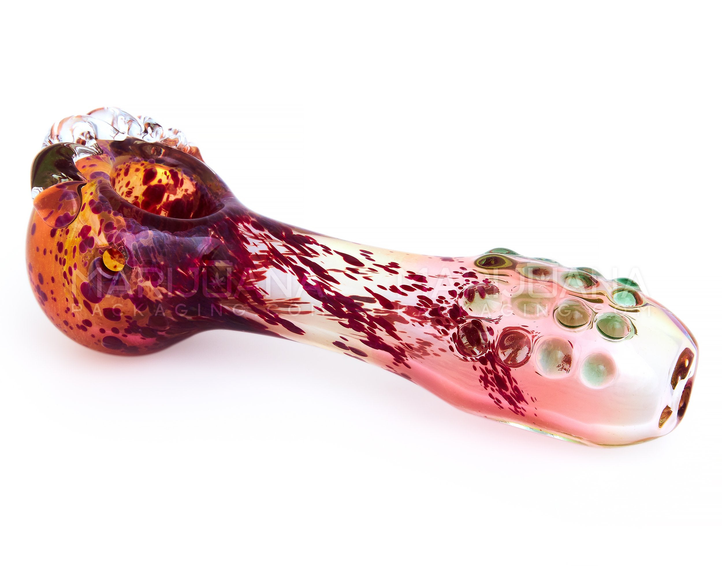 Double Blown | Frit & Pink Fumed Crowned Spoon Hand Pipe w/ Multi Knockers | 5in Long - Glass - Assorted - 4