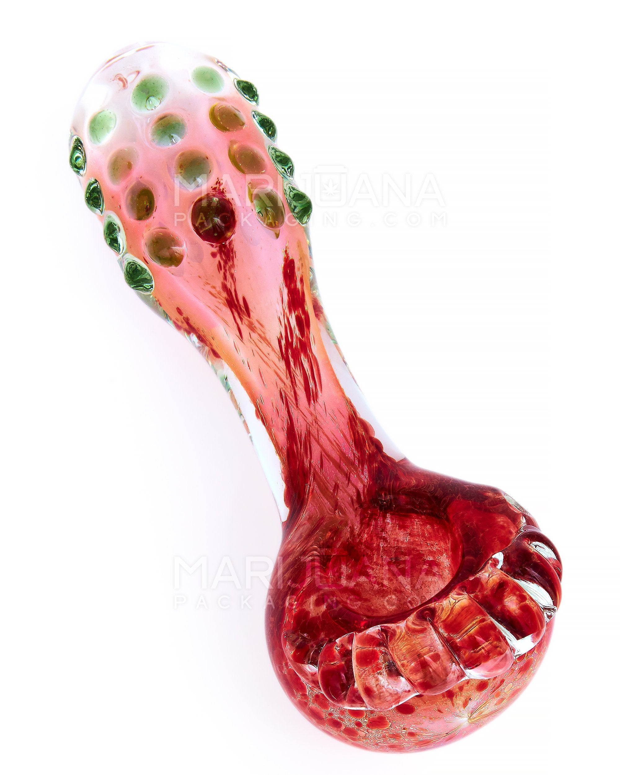 Double Blown | Frit & Pink Fumed Crowned Spoon Hand Pipe w/ Multi Knockers | 5in Long - Glass - Assorted - 1