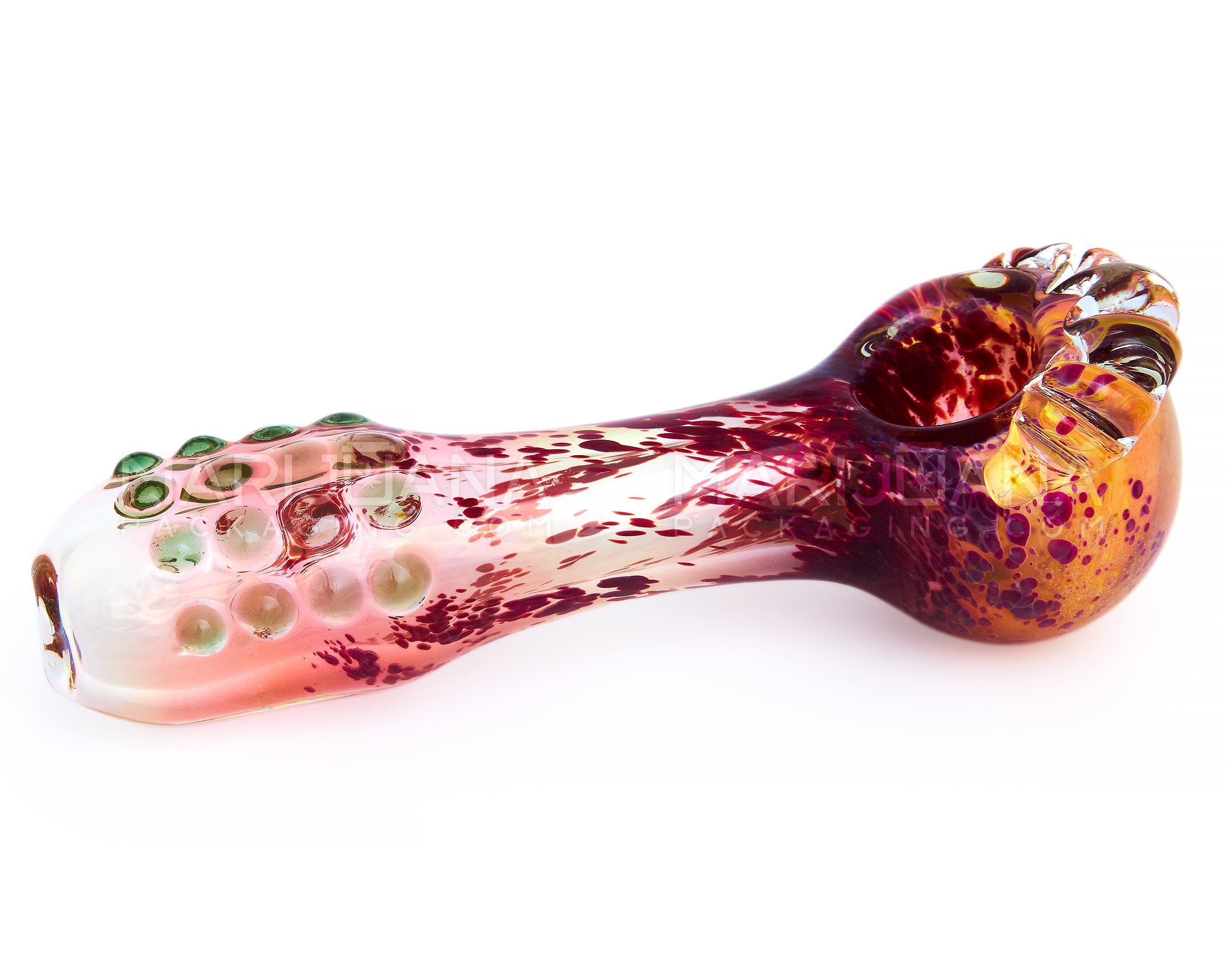 Double Blown | Frit & Pink Fumed Crowned Spoon Hand Pipe w/ Multi Knockers | 5in Long - Glass - Assorted - 5