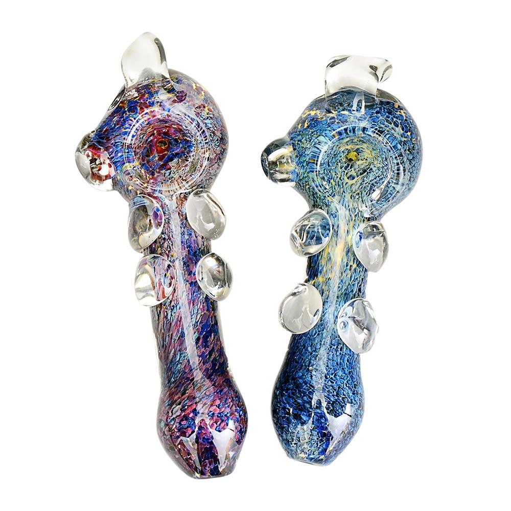 Frit Hooked Spoon Hand Pipe w/ Multi Knockers | 5.5in Long - Glass - Assorted - 1