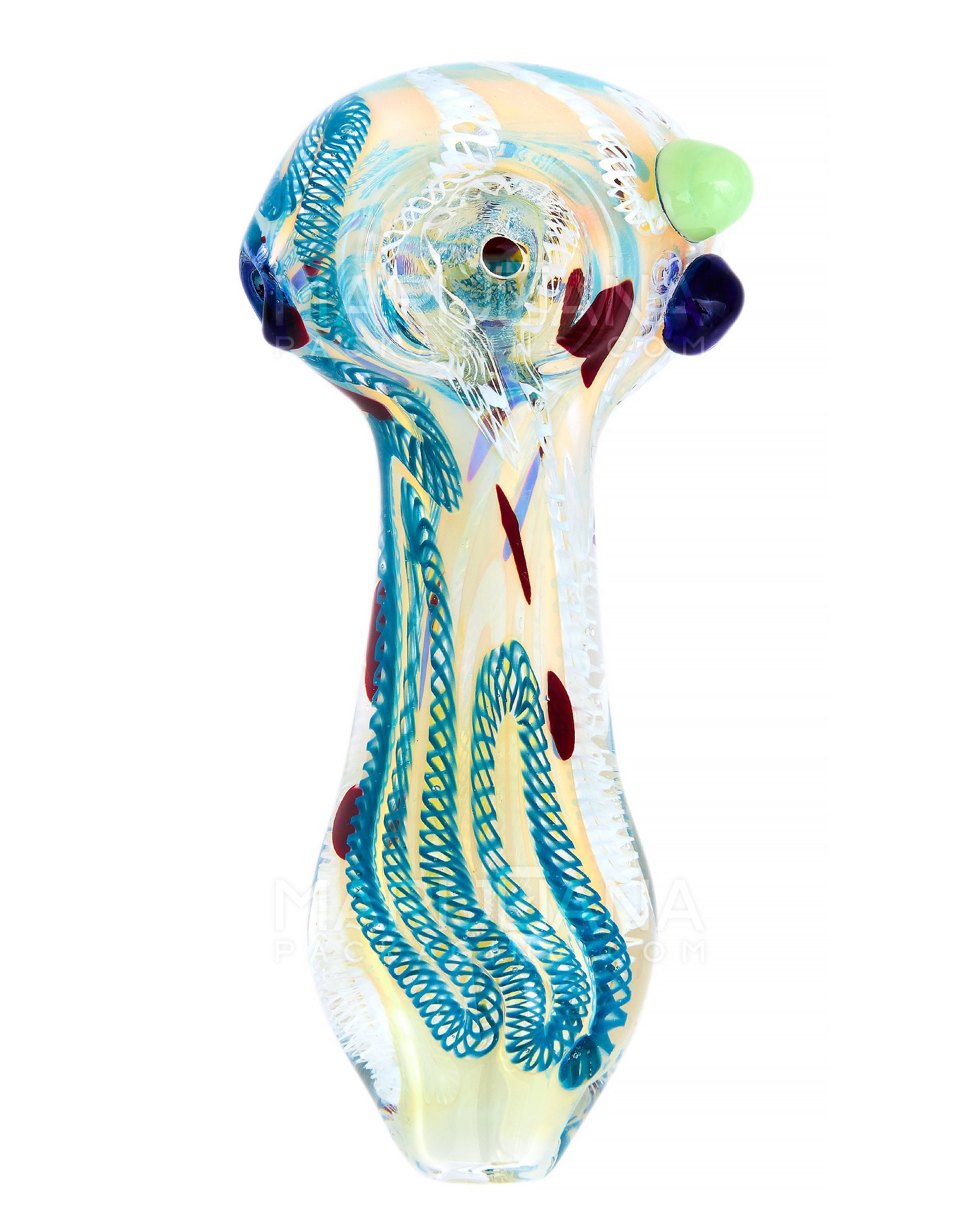 Ribboned & Gold Fumed Spoon Hand Pipe w/ Swirls & Double Knockers | 4.5in Long - Glass - Assorted - 2