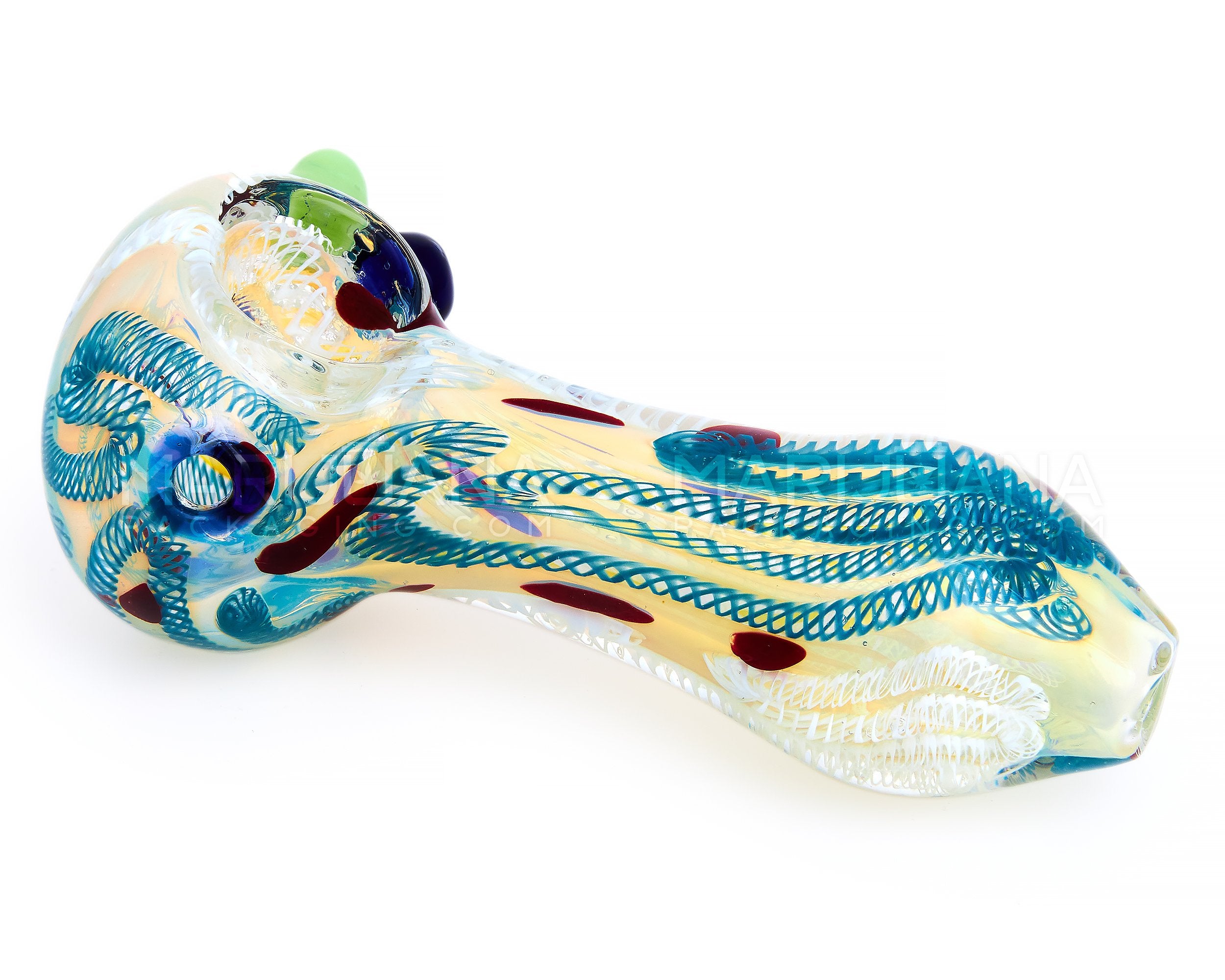 Ribboned & Gold Fumed Spoon Hand Pipe w/ Swirls & Double Knockers | 4.5in Long - Glass - Assorted - 7