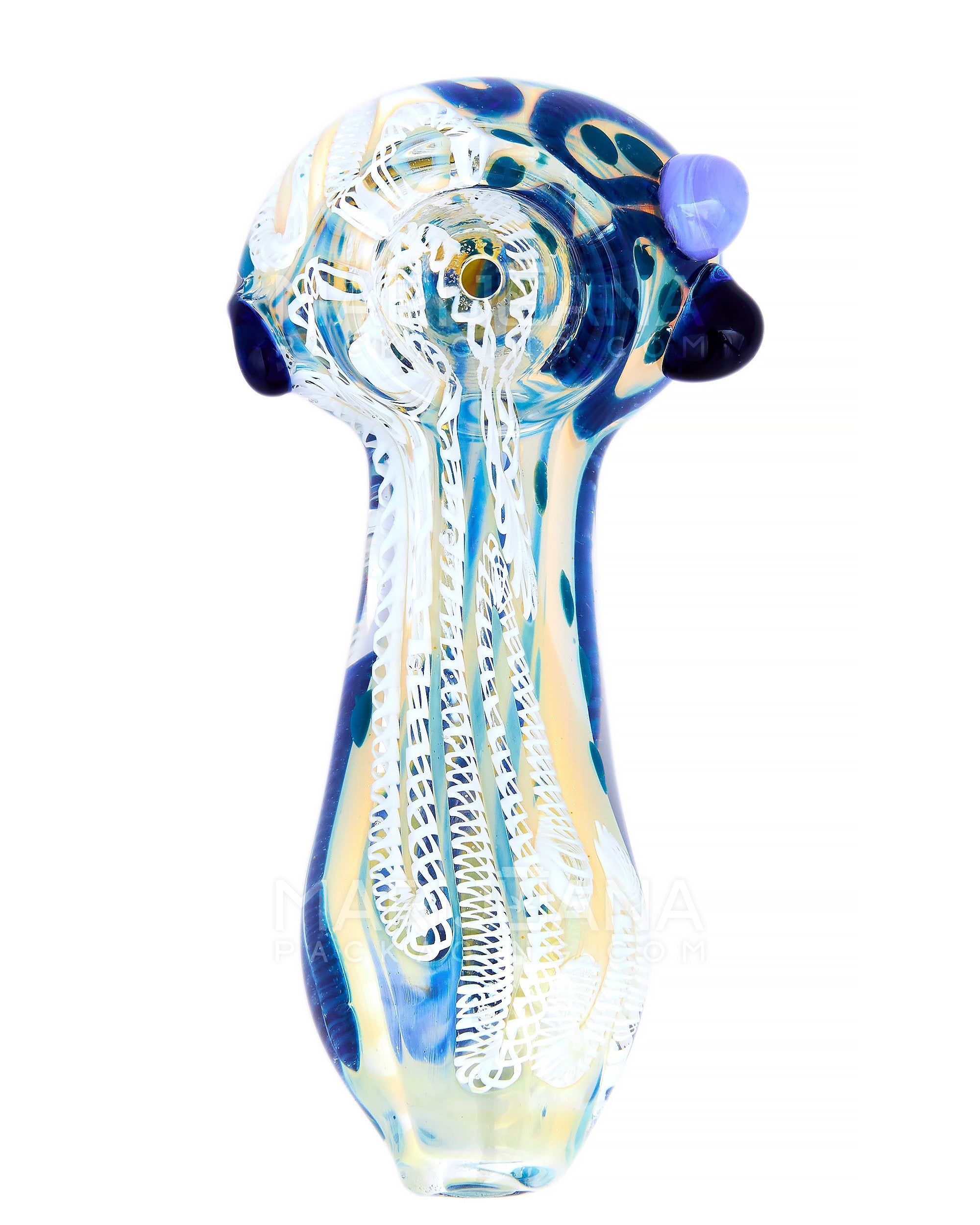 Ribboned & Gold Fumed Spoon Hand Pipe w/ Swirls & Double Knockers | 4.5in Long - Glass - Assorted - 4