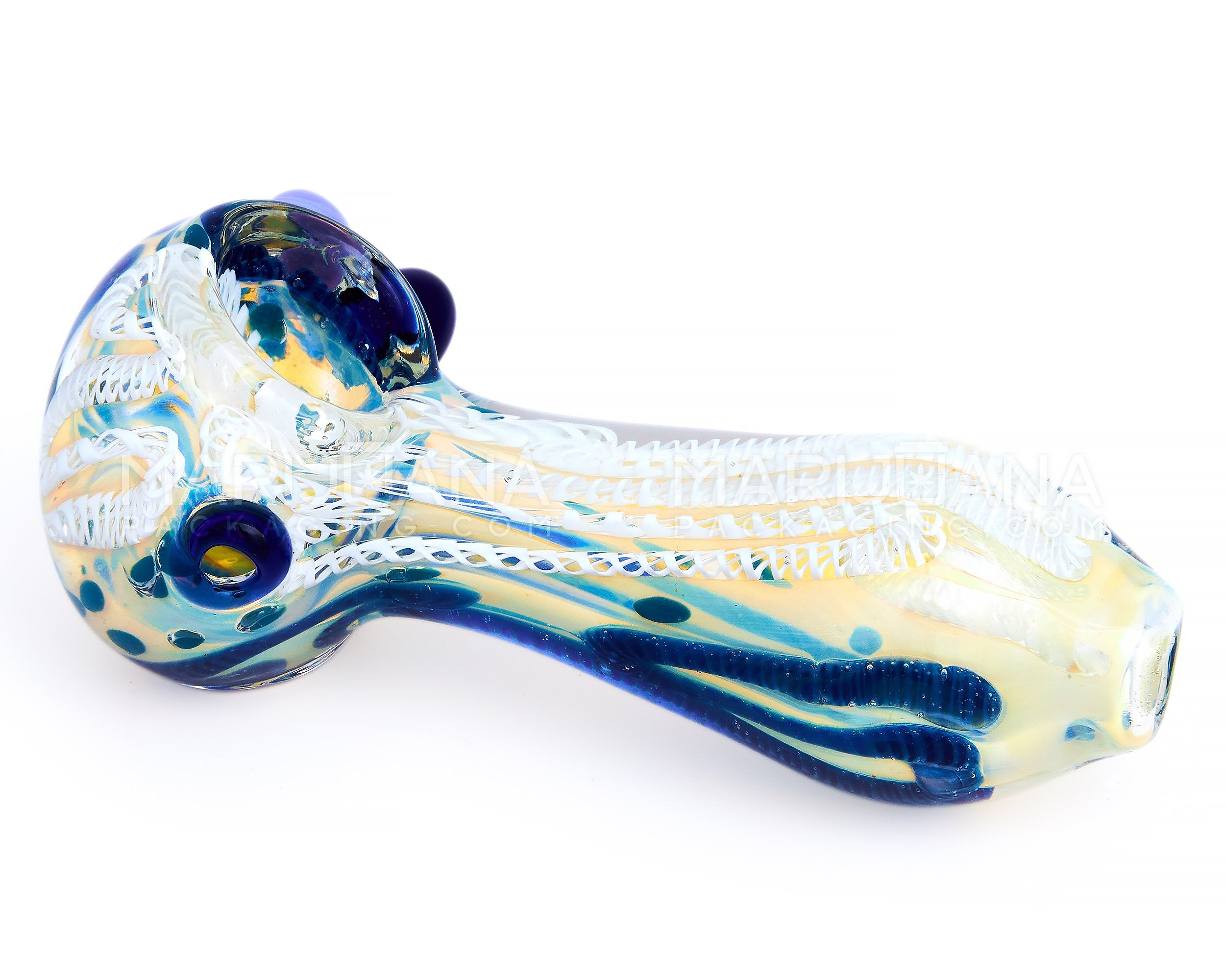Ribboned & Gold Fumed Spoon Hand Pipe w/ Swirls & Double Knockers | 4.5in Long - Glass - Assorted - 8