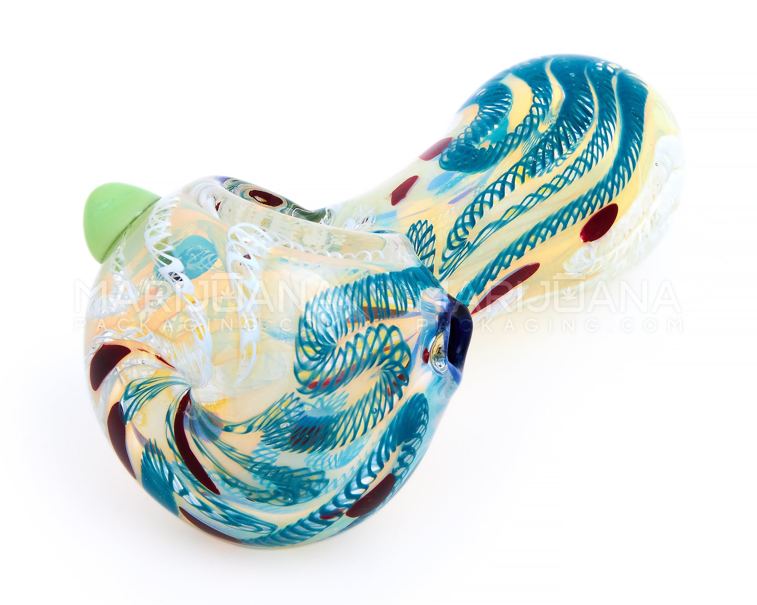 Ribboned & Gold Fumed Spoon Hand Pipe w/ Swirls & Double Knockers | 4.5in Long - Glass - Assorted - 5
