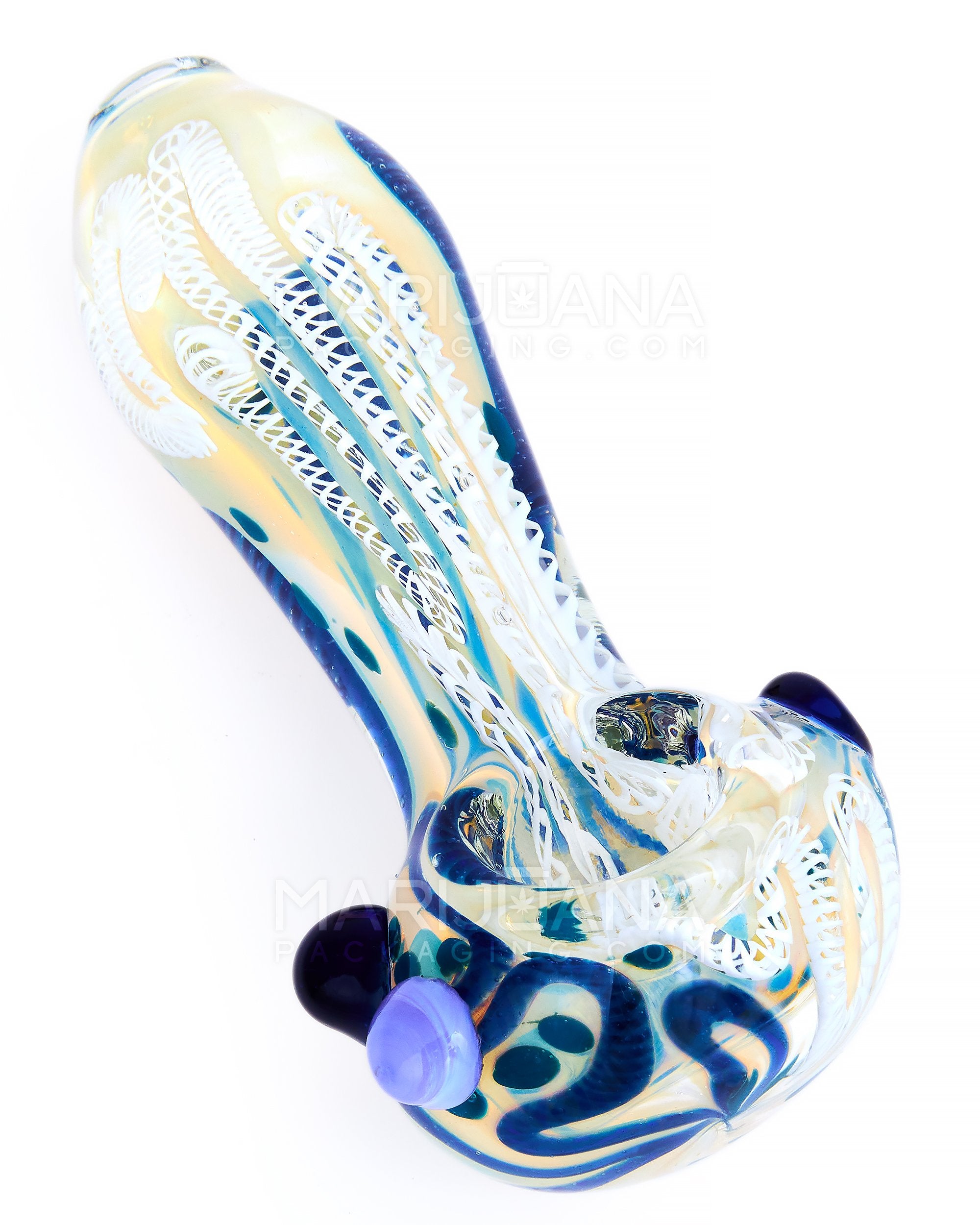 Ribboned & Gold Fumed Spoon Hand Pipe w/ Swirls & Double Knockers | 4.5in Long - Glass - Assorted - 3