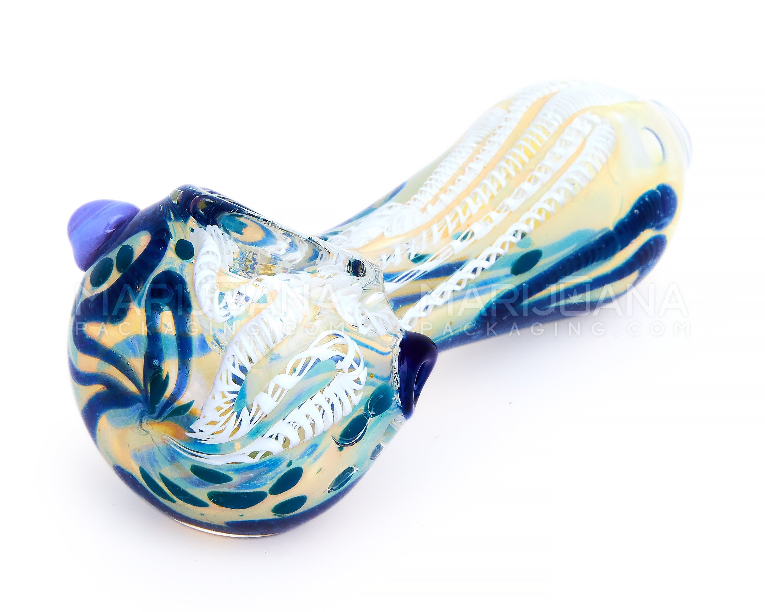 Ribboned & Gold Fumed Spoon Hand Pipe w/ Swirls & Double Knockers | 4.5in Long - Glass - Assorted - 6