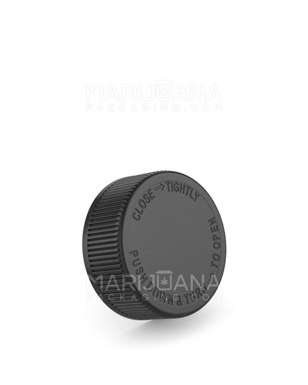 Child Resistant | Ribbed Push Down and Turn Plastic Caps w/ Text & Foam Liner | 38mm - Semi Gloss Black - 84 Count - 1
