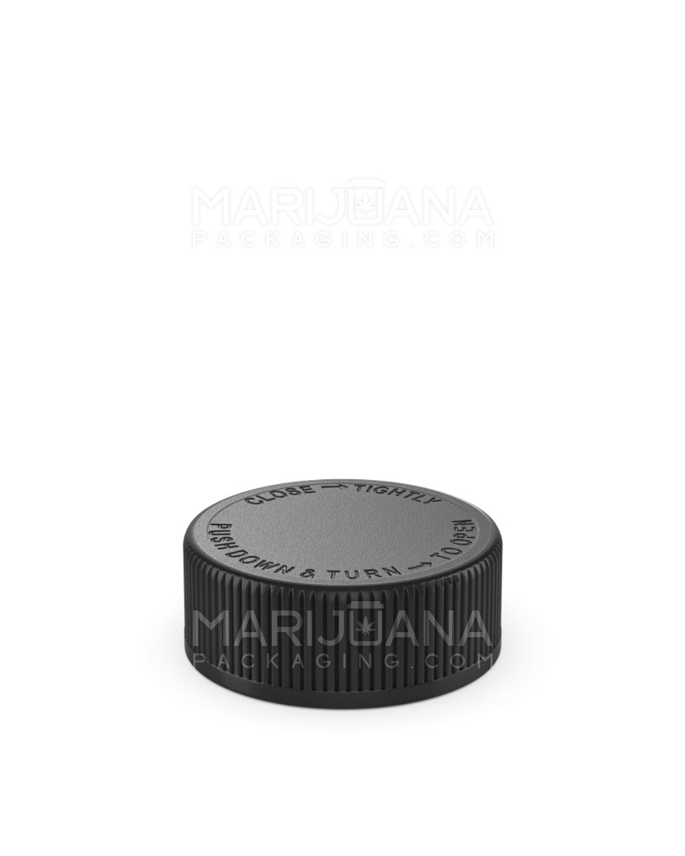 Child Resistant | Ribbed Push Down and Turn Plastic Caps w/ Text & Foam Liner | 38mm - Semi Gloss Black - 84 Count - 3