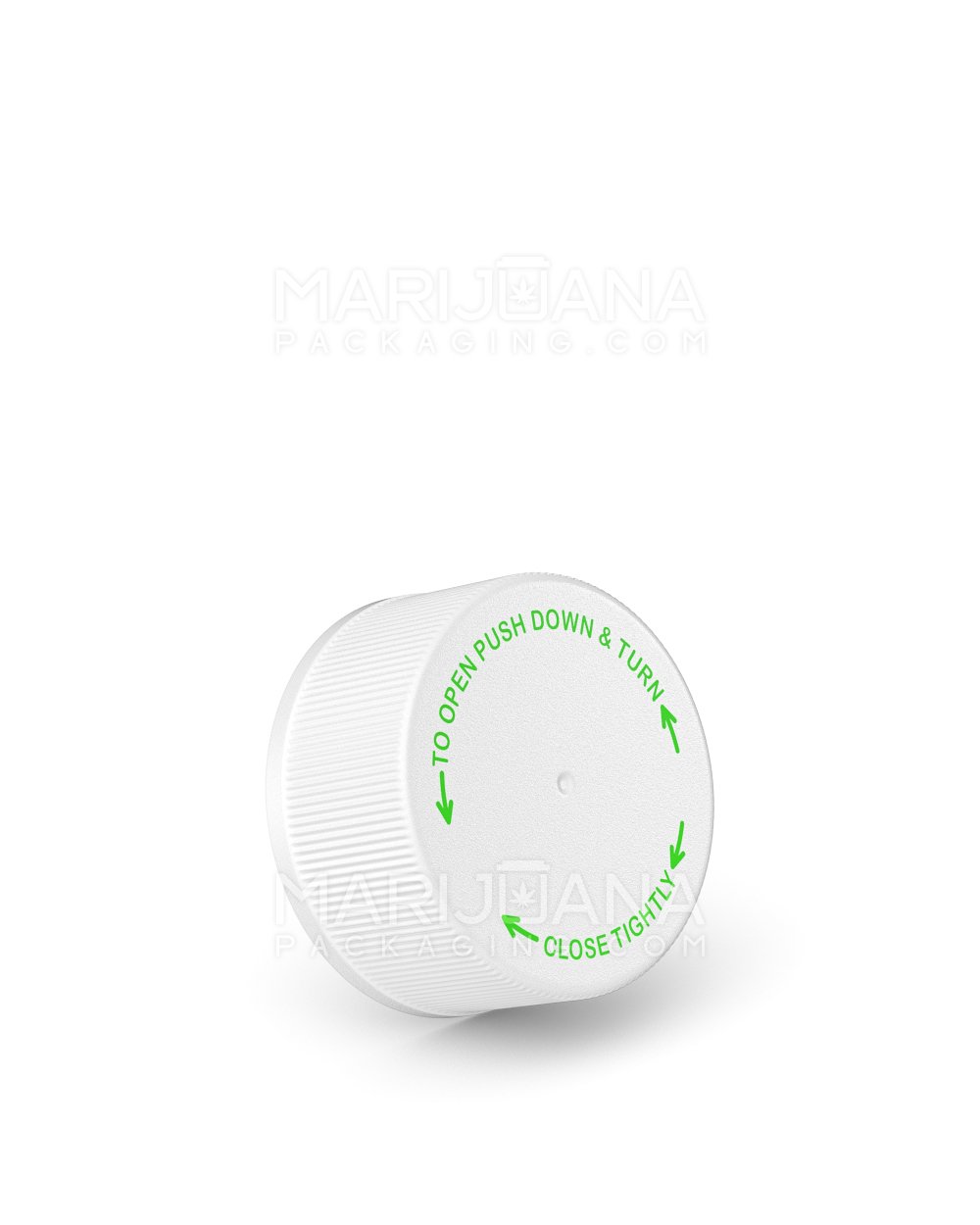 Child Resistant | Ribbed Push Down & Turn Plastic Caps w/ Text & Foam Liner | 28mm - Semi Gloss White - 504 Count - 1