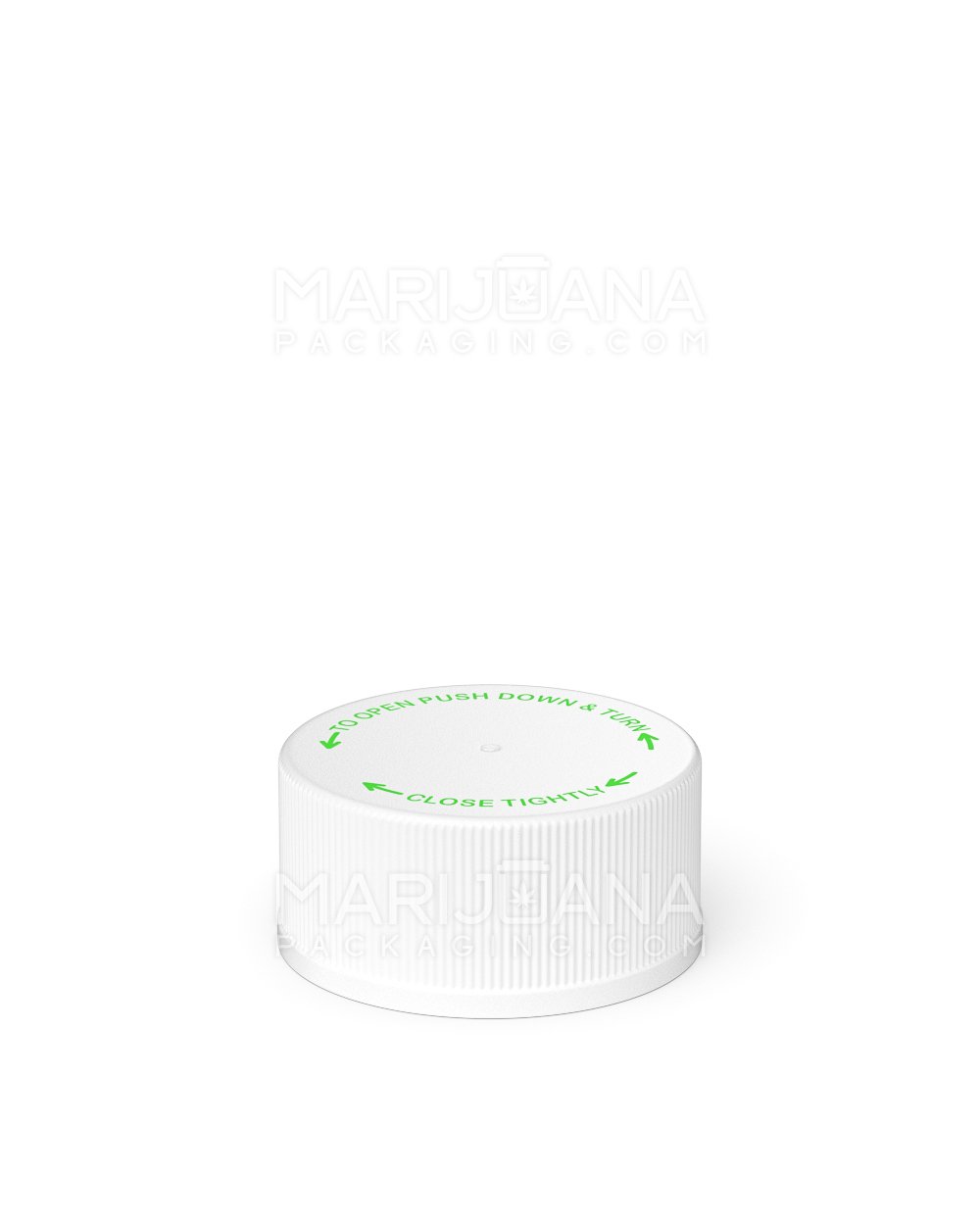 Child Resistant | Ribbed Push Down & Turn Plastic Caps w/ Text & Foam Liner | 28mm - Semi Gloss White - 504 Count - 3