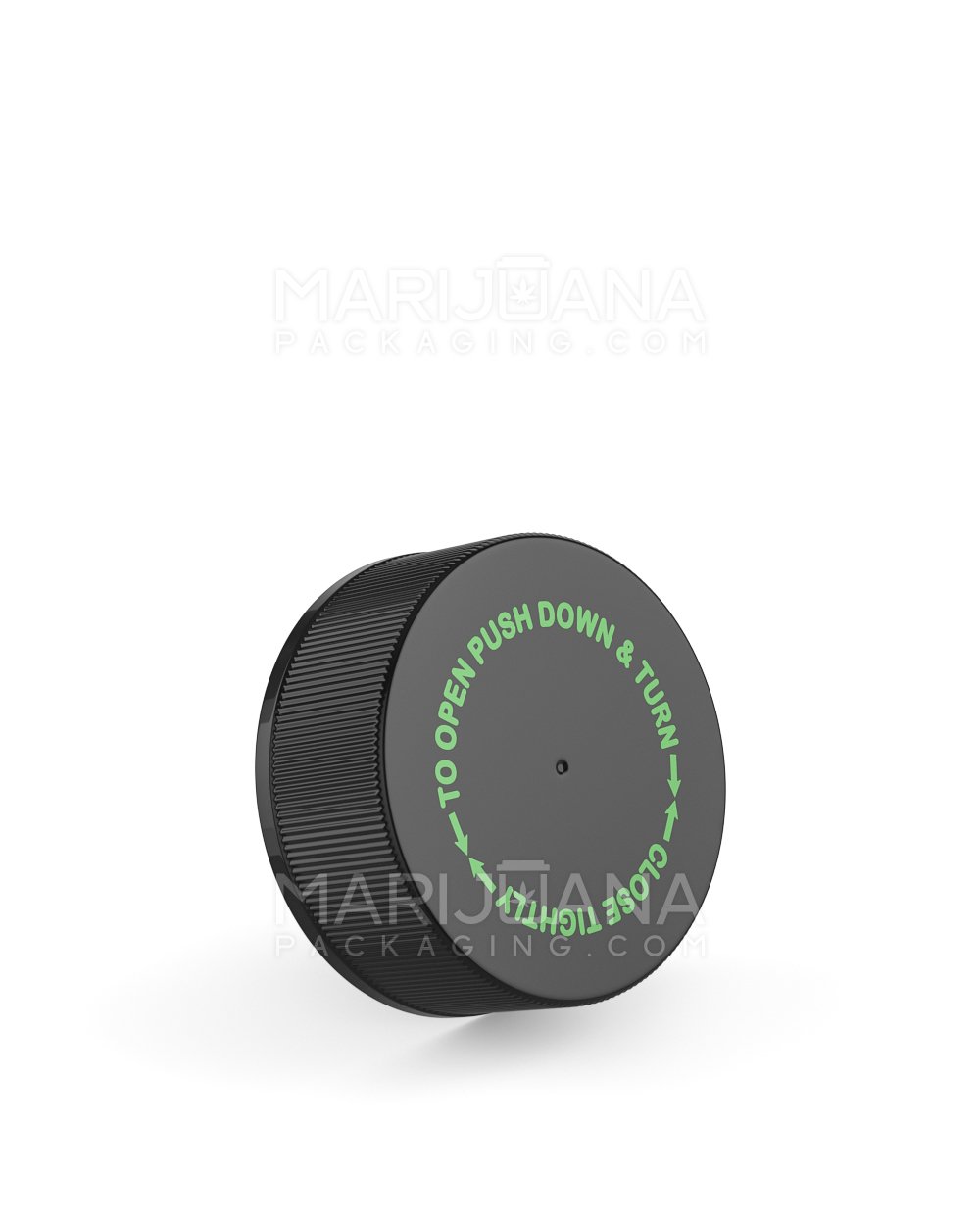 Child Resistant | Ribbed Push Down & Turn Plastic Caps w/ Text & Foam Liner | 38mm - Semi Gloss Black - 320 Count - 1