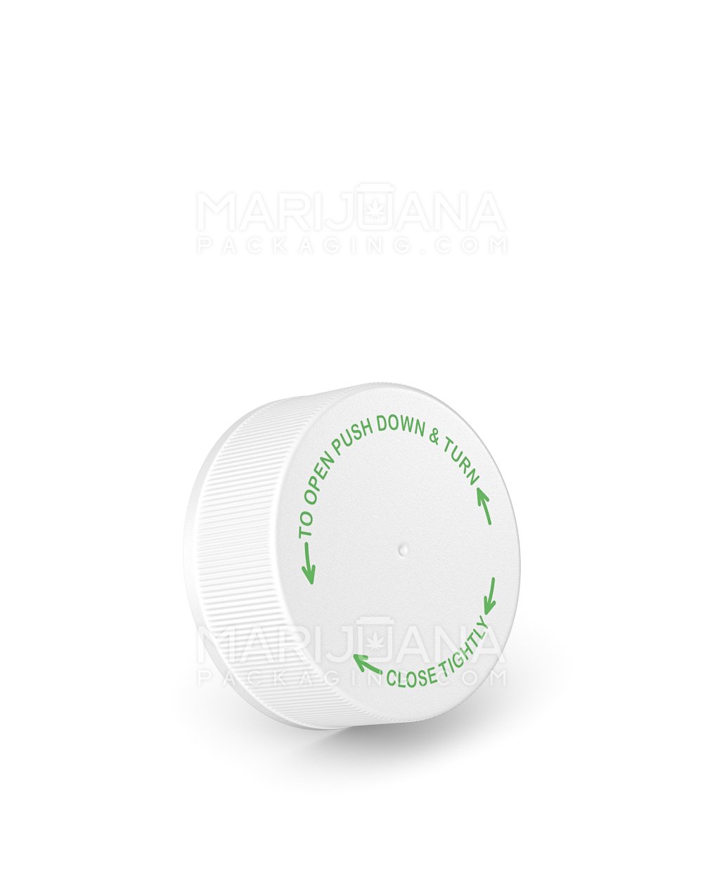 Child Resistant | Ribbed Push Down & Turn Plastic Caps w/ Text & Foam Liner | 38mm - Semi Gloss White - 320 Count - 1