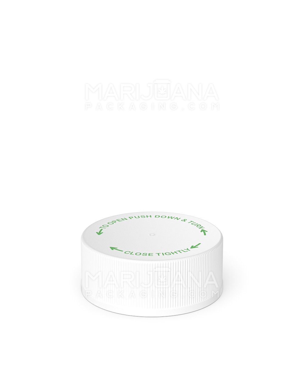 Child Resistant | Ribbed Push Down & Turn Plastic Caps w/ Text & Foam Liner | 38mm - Semi Gloss White - 320 Count - 3