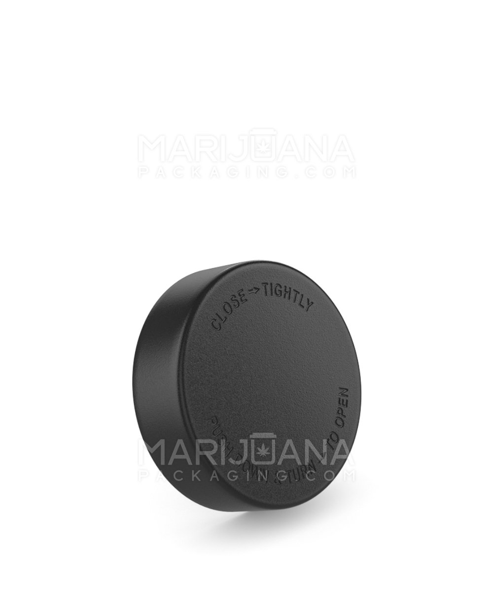 Child Resistant Smooth Push Down & Turn Plastic Caps w/ Text | 50mm - Matte Black | Sample - 1