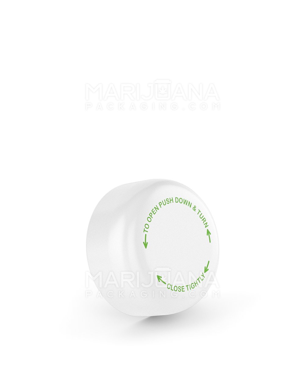 Child Resistant Smooth Push Down & Turn Plastic Caps w/ Text | 29mm - Semi Gloss White | Sample - 1