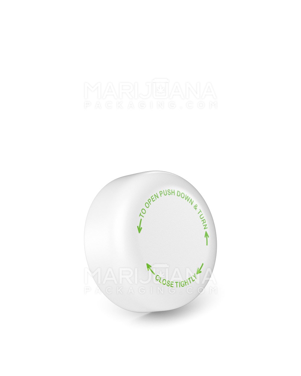 Child Resistant Smooth Push Down & Turn Plastic Caps w/ Text | 32mm - Semi Gloss White | Sample - 1