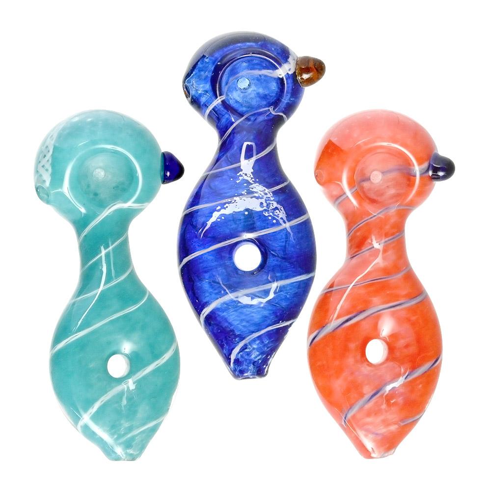 Frit & Spiral Donut Spoon Hand Pipe w/ Knocker | 4.5in Long - Glass - Assorted - 1