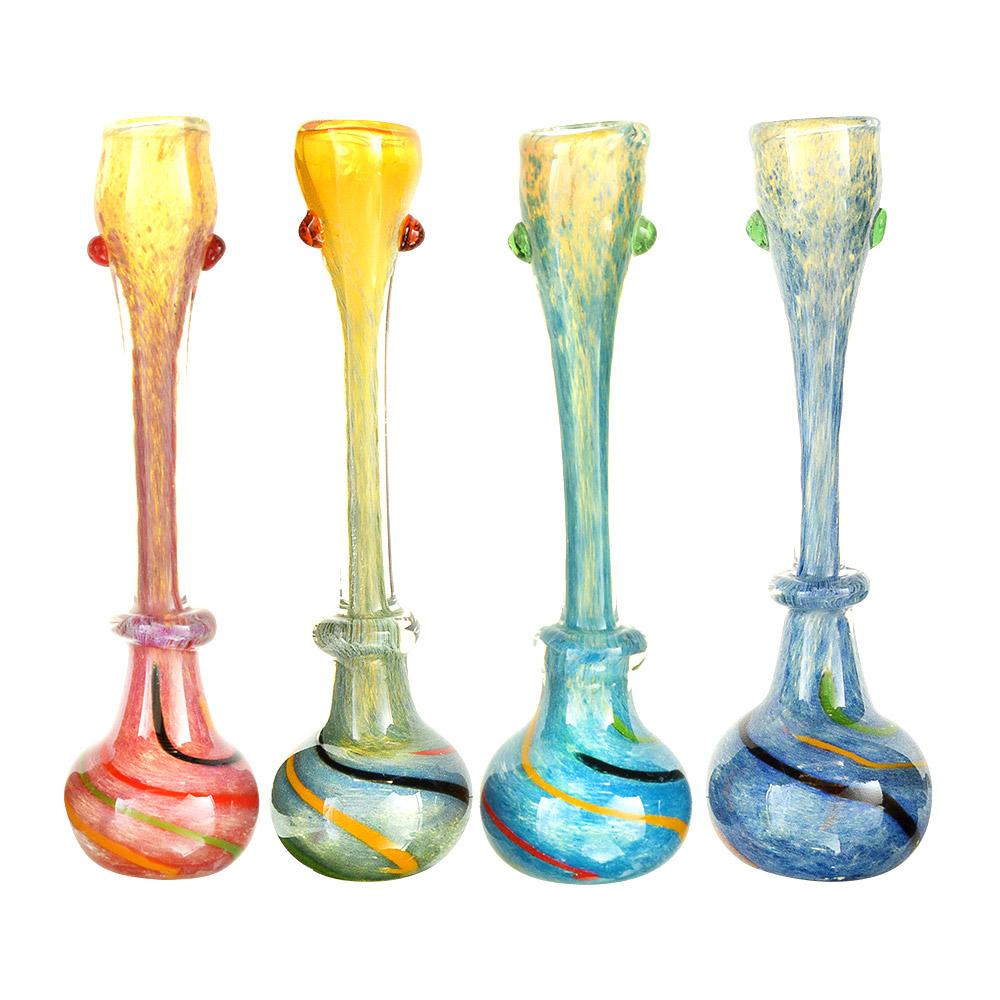 Frit & Gold Fumed Ringed Chillum Hand Pipe w/ Stripes | 5in Long - Glass - Assorted - 4