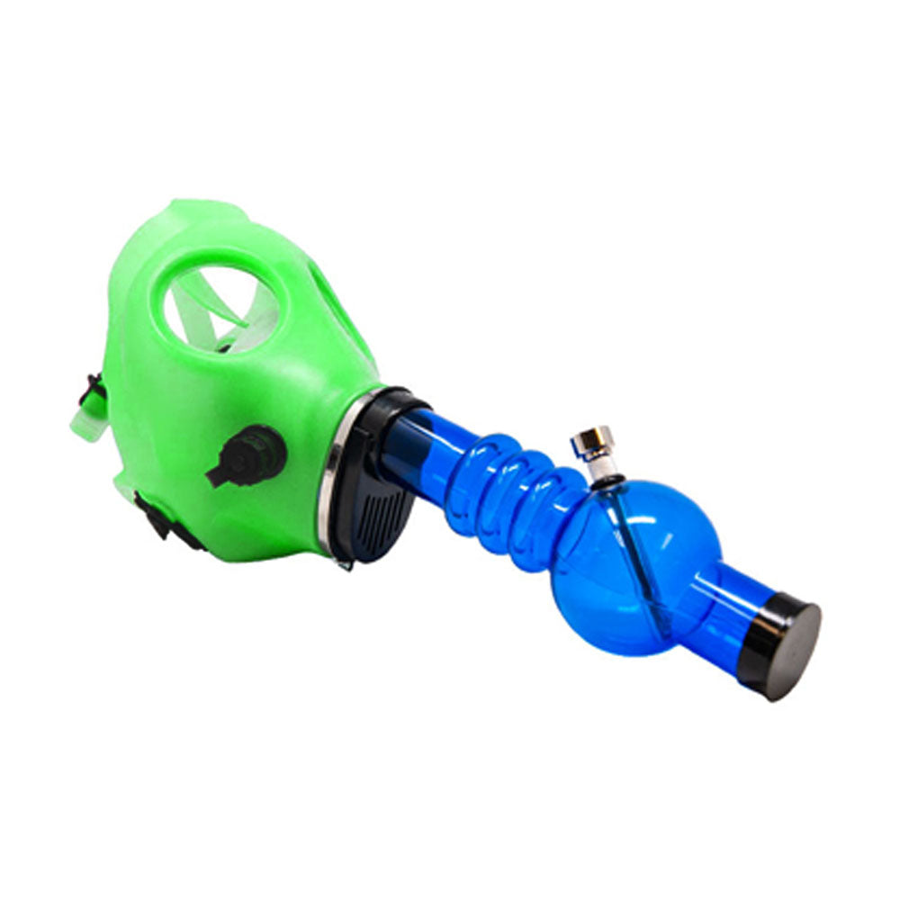 Glow-in-the-Dark | Gas Mask Acrylic Water Pipe | 8in Tall - Grommet Bowl - Green - 2