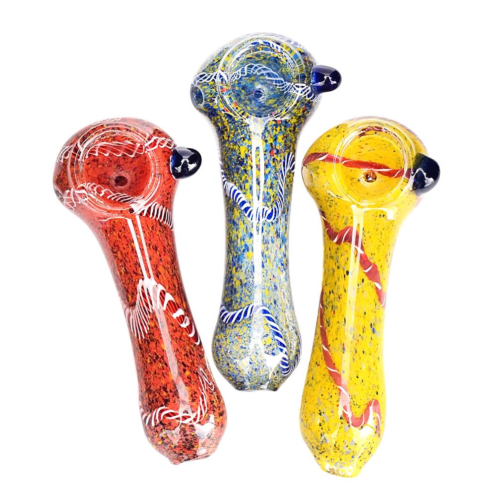 Ribboned & Frit Spoon Hand Pipe w/ Knocker | 4.5in Long - Glass - Assorted - 1