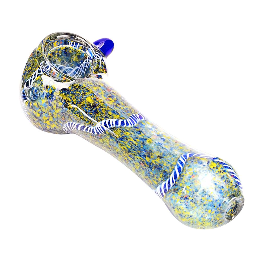 Ribboned & Frit Spoon Hand Pipe w/ Knocker | 4.5in Long - Glass - Assorted - 6