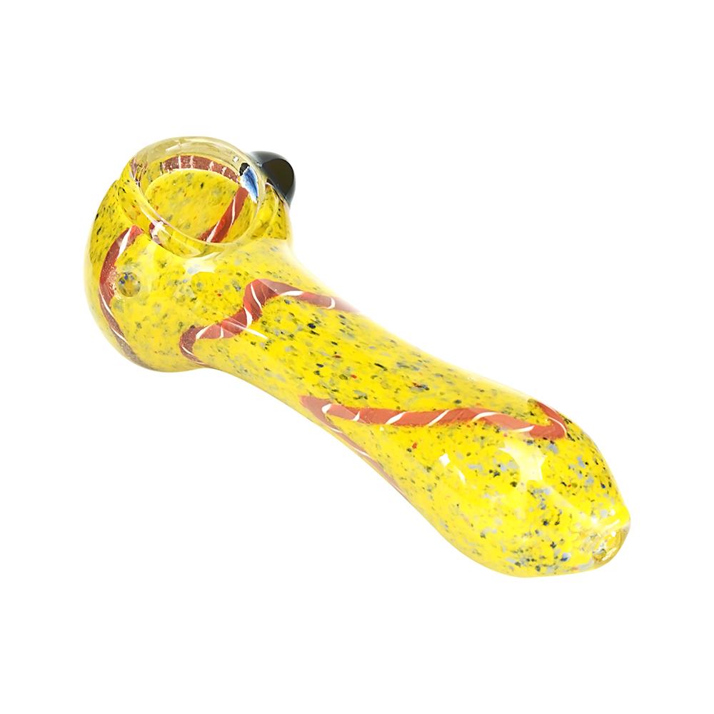 Ribboned & Frit Spoon Hand Pipe w/ Knocker | 4.5in Long - Glass - Assorted - 8