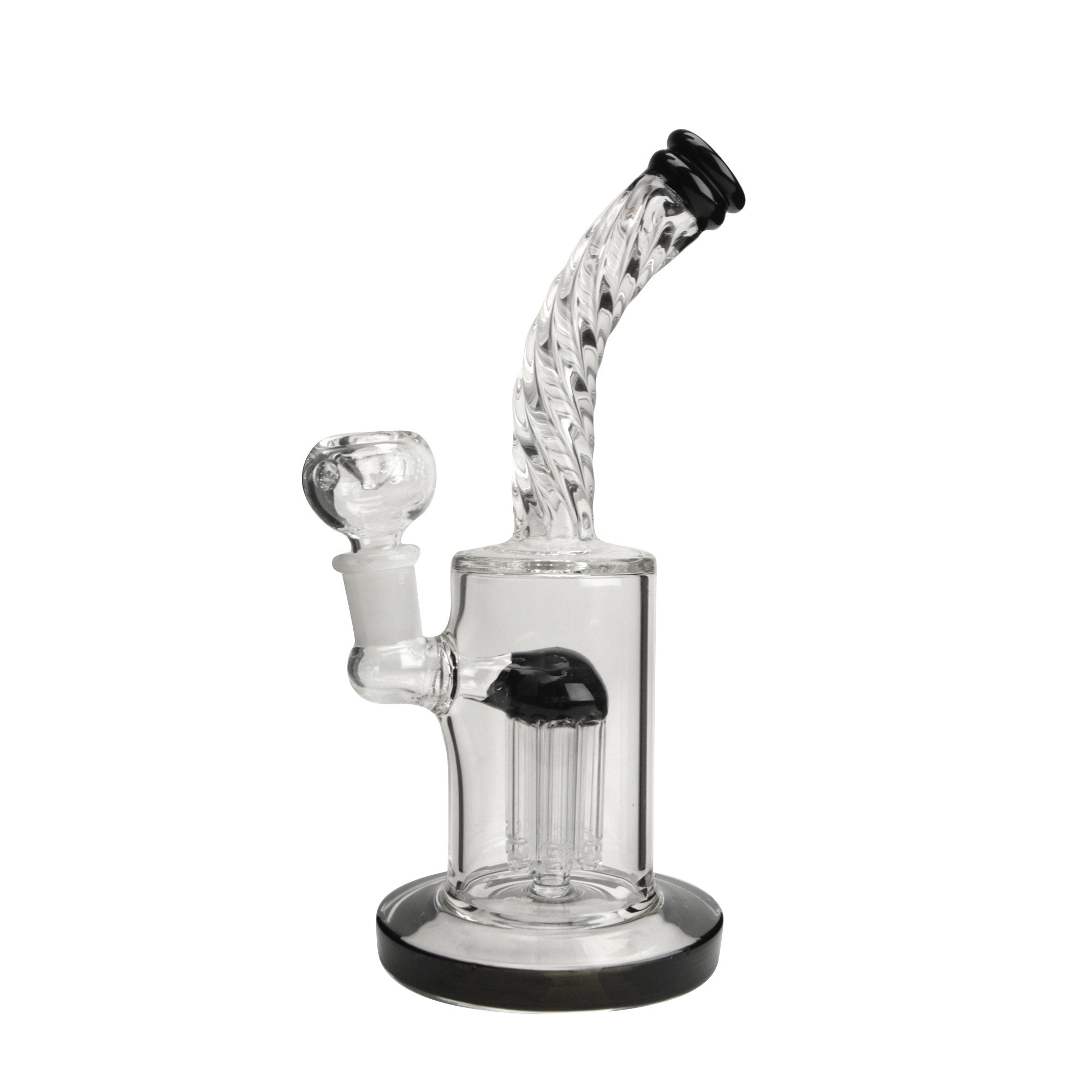Spiral Neck Tree Perc Glass Water Pipe w/ Thick Base | 8in Tall - 14mm Bowl - Black - 1