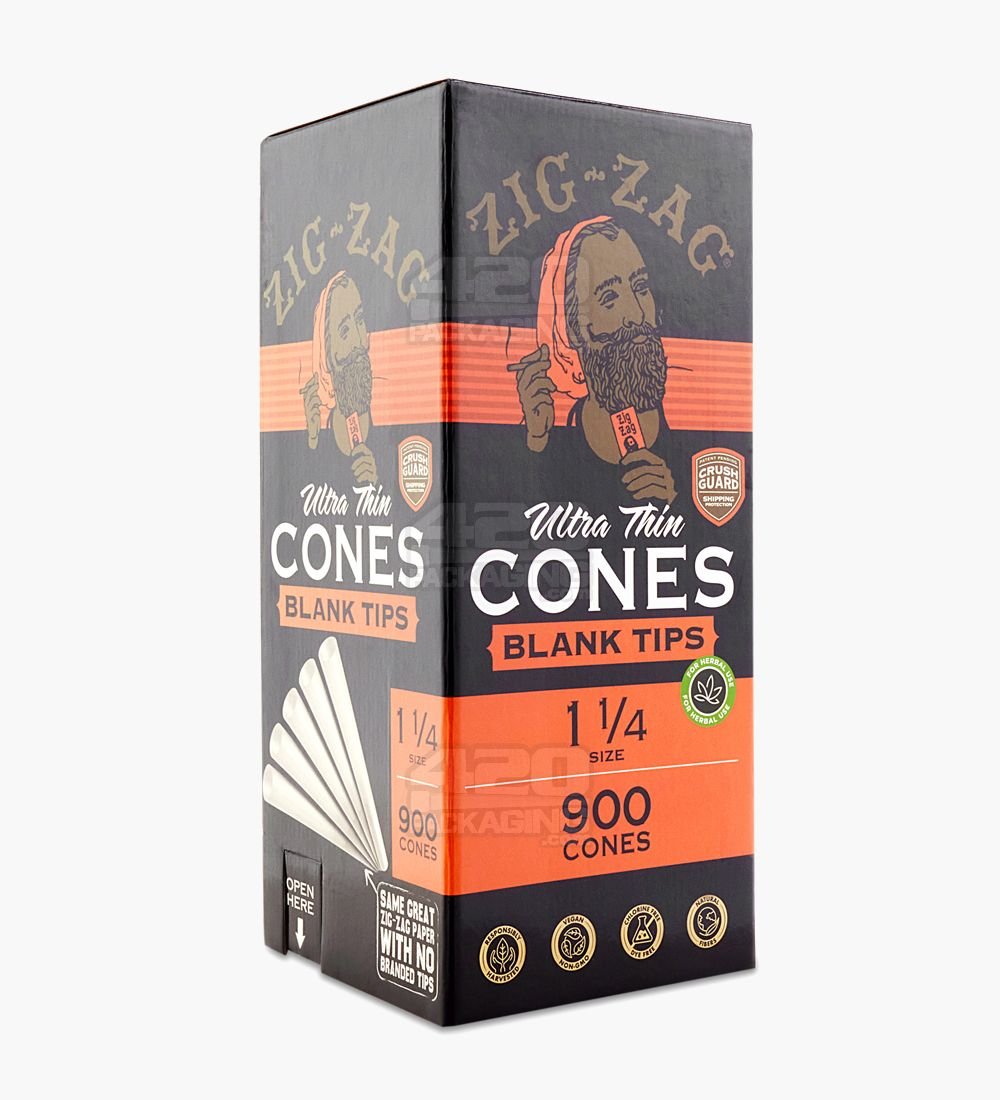 Zig Zag 84mm 1 1/4 Size Ultra Thin Paper Pre Rolled Cones w/ Blank Tips 900/Box - 1